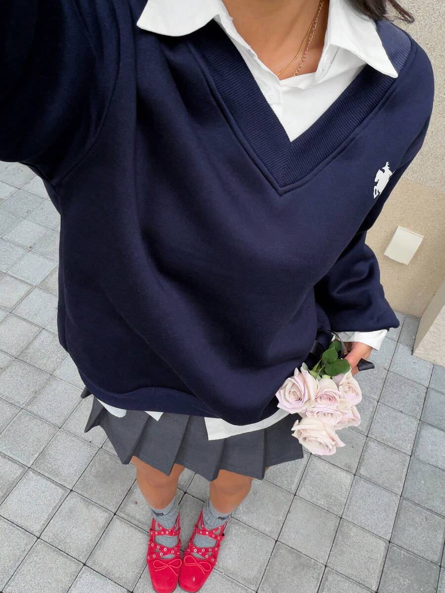 SHEIN EZwear 女士超大 V 领宽松休闲简约马图案运动衫，适合秋冬季