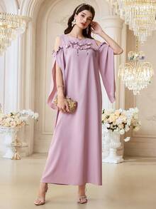 Al Najma Elegant & Modest 3D Floral Off-Shoulder Arabic Style Dress For Women Pink Dress For Women 3d Flower Dress Luxury Dress - Pink - View 5