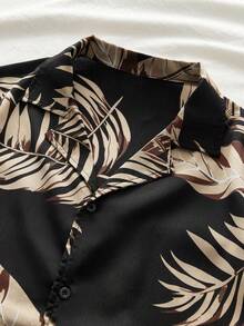 AXEPEAK Men's Woven Fashionable Casual Beach Surfing Holiday Leaf Pattern Slim Fit Short Sleeve Shirt - Black - View 3