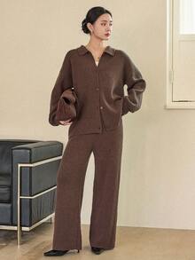 Dazy-Less Women's Solid Color Drop Shoulder Long Sleeve Knitted Cardigan And Knitted Pants Casual 2-Piece Set, Autumn/Winter Business Casual Woman - Coffee Brown - View 5
