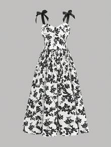 SHEIN 少女修身蝴蝶结吊带印花优雅中长吊带连衣裙 - 黑色 - 查看 3