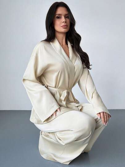 Firerie Modern Minimalist Design Cream-Colored Set: Collared Tie-Waist Shirt And Flowing Wide-Leg Pants, Comfortable And Skin-Friendly Fabric, Elegant And Dignified Office Wear, Versatile For Multiple Occasions Such As Family Gatherings, Fashion Celebrations, Spring/Summer Vacations, Day To Night, And Casual Everyday Wear