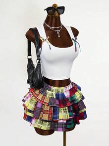 Mistrie 女士Y2K彩色格子休闲时尚蛋糕裙 - 彩色 - 查看 3