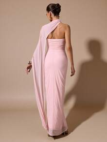 SHEIN BAE 纯粉色无肩带无袖修身褶皱优雅高开衩长裙，适合浪漫约会、派对、正式聚会、伴娘礼服、女士夏季连衣裙、下午茶派对连衣裙、新年、情人节、生日礼服、粉色连衣裙、休闲连衣裙、夏季连衣裙 - 粉色 - 查看 2