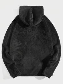 SWAVVY Men Letter Embroidery Quarter Zip Coral Hoodie Fluffy Black Letter Long Sleeve Thick Casual Sherpa Hoodie, For Friends, Husband, Boyfriend Gifts, For Fall Winter, Couple Things - Black - View 5