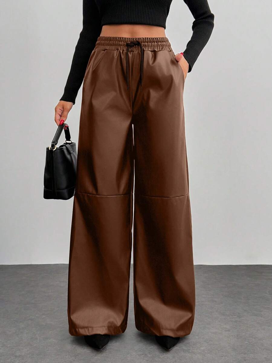 EURMUSE Solid Color, Pu Leather, Elastic Waist, Drawstring, Straight Fit Pants - Brown - View 1