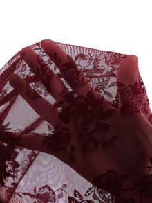 SHEIN ICON 花卉图案性感植绒薄纱喇叭裤 - 酒紅色 - 查看 7