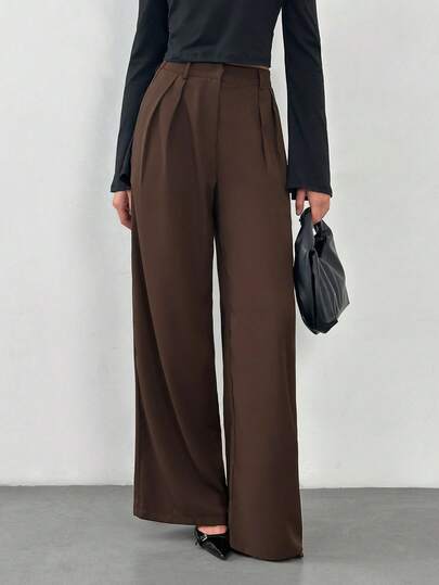 SHEIN Tall Women's Minimalist Fashion Dark Coffee Oversized Wide Leg Pants, Commuter Trousers Brown Wide Leg Pants For Women High Waisted Wide Leg Pants Brown Suit Pants In Fall/Winter