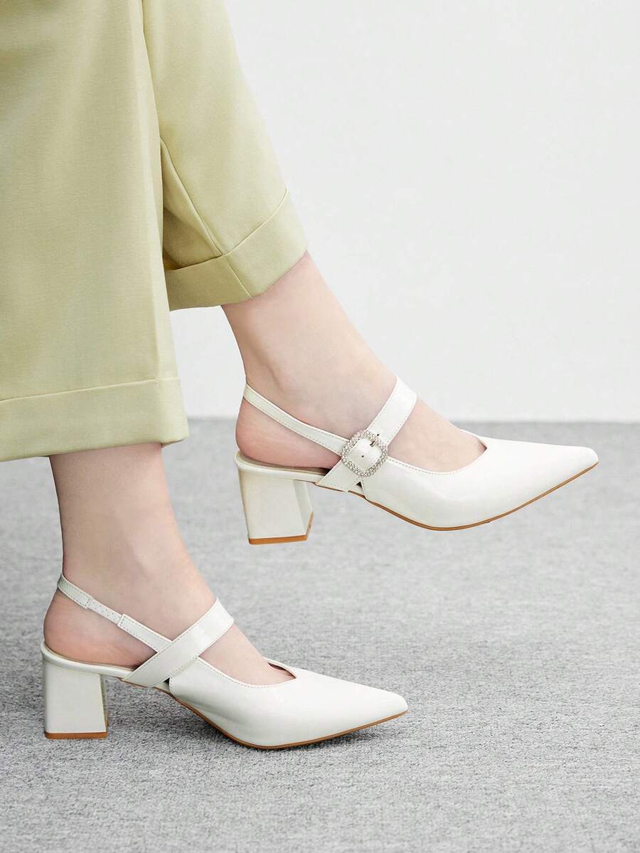 CUCCOO BIZCHIC Giày cao gót mũi nhọn, gót chunky, màu trắng, quai ngang, kiểu dáng tối giản, thoải mái dành cho nữ, phù hợp cho công sở, dự tiệc và các dịp thường ngày. - Màu trắng - Xem 1