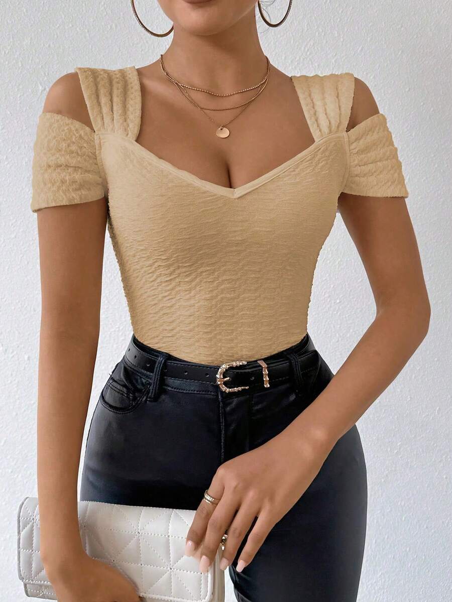 RosyDaze Áo thun ôm dáng, màu trơn, thời trang mùa hè, gợi cảm, hở vai. - Màu Khaki - Xem 1