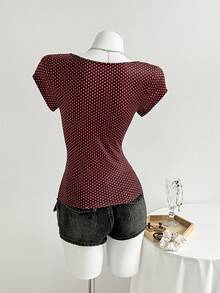 Elamini Women's V-Neck Ruched Embellished Button Knit Polka Dot T-Shirt