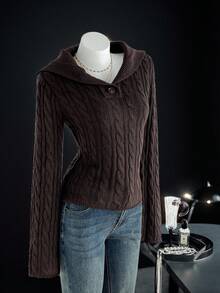 Flirla Plus Size Women Casual Turndown Collar Twist Rope Cable Knit Long Sleeve Pullover Sweater - Coffee Brown - View 1