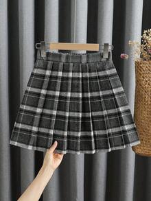Elladie kids Fashionable & Versatile Girls' Retro Red Plaid Skirt, New Stylish Thickened Pleated Skirt For Tween Girl School Girl Skirt Plaid Pleated Skirt School Uniform Tennis Cute Skirt Girl High Waist Pleated Skirt - Grey - View 3