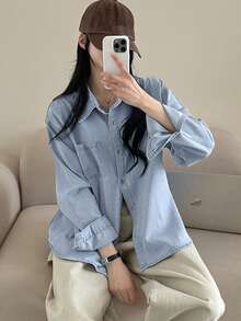 DAZY 宽松牛仔衬衫，新款时尚女式衬衫 - 淺色水洗藍 - 查看 6