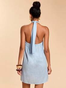 Travachic 女士休闲宽松露背蓝色度假连衣裙，春夏度假装，夏季连衣裙，沙滩裙，女士沙滩装，女士度假装，女士休闲连衣裙，亚麻材质 - 淺藍色 - 查看 2