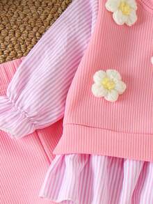 Souflis Souflis Spring Baby Girl Pink Round Neck Long Flare Sleeve Top And Long Pants Set With Plant Pattern And Ruffles - Pink - View 7