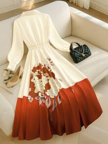 Franclia 女士印花荷叶边领优雅收腰长款派对连衣裙 - 彩色 - 查看 2