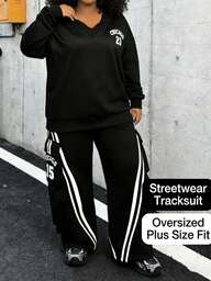 Slaydiva 2025 Herbst/Winter Neue Damen Lässig Streetwear, Locker sitzende Langarm & Hose Sport Lässig Allround Outfit, Damen gestrickter Positionsdruck Patchwork einfarbiger Lässig 2 Stücke Trainingsanzug