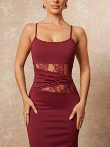 Lumalex Elegant Party Solid Color Lace Patchwork Fitted Dress - Black - View 5