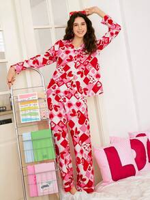 Chillnights Ensemble de pyjama femme à manches longues avec imprimé cœur pour la Saint-Valentin - Rose bonbon - Voir 5