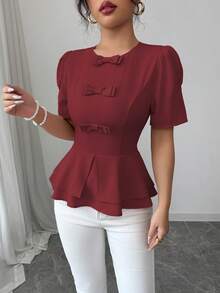 Elenzga Áo sơ mi nữ dáng chữ A hai lớp, cổ tròn, thắt eo, tay phồng, màu trơn, trang trí 3 nơ, thích hợp cho cả đi nghỉ mát và đi làm, màu hồng. - Màu Đỏ Sâu - Xem 6