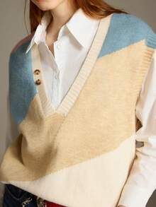 Elnivra 撞色不对称休闲宽松女式套头毛衣背心 - 杏色 - 查看 6