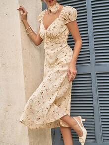 Sundraya Women's New French Style Tie-Up Ditsy Floral Romantic Ruffle V-Neck Short Sleeve Maxi Dress - Light Yellow - View 4