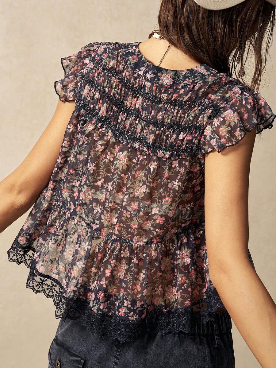 Bohemela Boho Casual Floral Print Ruffle Trim V-Neck Blouse For Women Bohemian