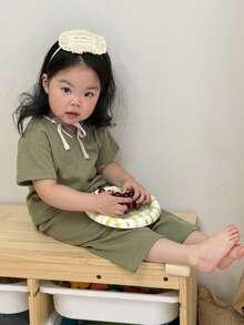 DAZY 2件套幼儿女童V领休闲长袖T恤和宽松长裤睡衣套装 - 綠色 - 查看 6