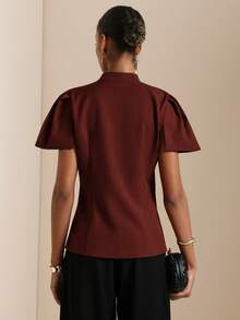 Lyxana Women's Elegant Stand Collar Gold Button Front Fitted Blouse - Chocolate Brown - View 2
