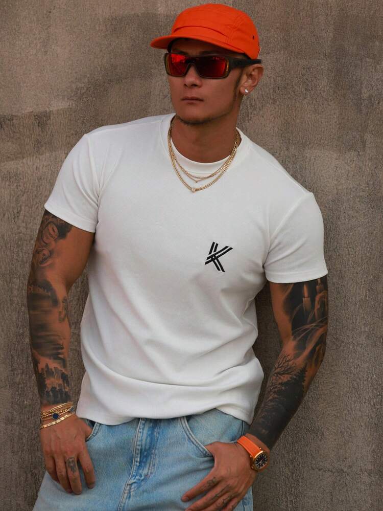 Men's Letter Embroidered Round Neck Casual Versatile T-Shirt, Summer