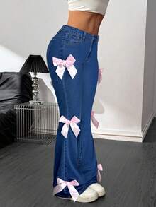 SHEIN PETITE Damen Jeans mit tailliertem Glockenrock und Schleifen-Dekor - Dunkle Waschung - Übersicht 6