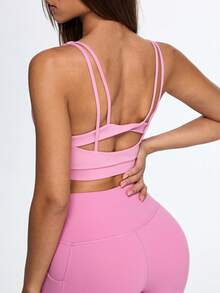 Slayform Women's Soft Pink V-Neck Twist Front Longline Sports Bra,Double Strappy Back Keyhole Yoga Top,Summer Athleisure Open Back Gym Workout Athletic Top - Pink - View 1