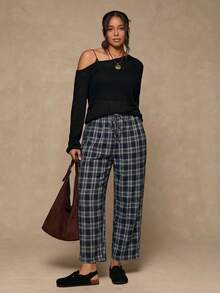 Freevana 大码休闲日常系带格子锥形裤 - 寶藍色 - 查看 4