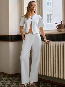 Cloudara Ensembles deux pièces pour femmes, hauts avec détails de boutons et pantalons de couleur unie