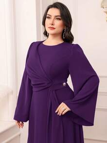 Modelyn Plus Size Solid Color Drawstring Dress, Simple Chic Casual For Daily Wear Long Evening Dresses Fall - Purple - View 3