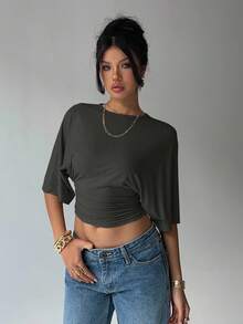 Aloruh 女士纯色圆领蝙蝠袖褶裥短款休闲T恤 - 灰色 - 查看 6