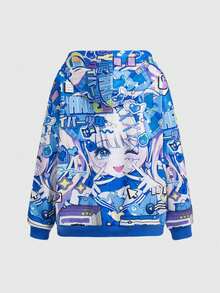 ROMWE Anime 女式动漫少女印花长袖休闲抽绳连帽宽松卫衣 - 藍色 - 查看 2