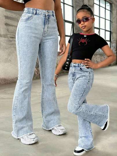 TWEEN GIRLS Vintage Washed Color Denim Jeans, Street Style, Distressed Hem Flare Leg, Fashionable New Design