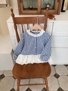 DAZY 少女蕾丝拼接格子清爽长袖甜美衬衫