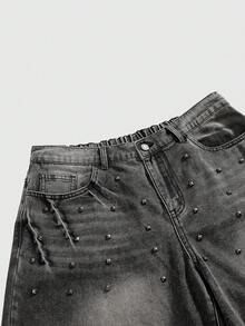 ROMWE Grunge Punk Jeans de pierna ancha con diseño de remaches vintage lavados para tallas grandes - Gris Oscuro - Ver 3