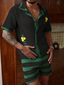 Manfinity CityGents 男士夏季沙滩度假针织衬衫和短裤套装 - 黑色 - 查看 4