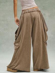 Bohemela Women's Casual Solid Color Knit Loose Wash Pants Baggy Cargo - Brown - View 6