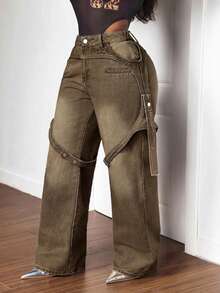 Slaydiva Plus Size Fashion Pocketed Straight Leg Loose Fit Jeans - Brown - View 3