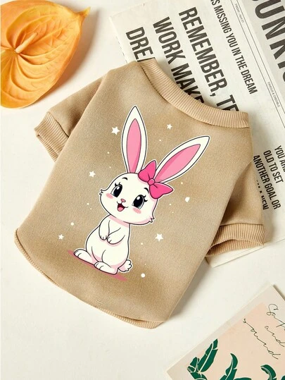 PETSIN 1件可爱兔子印花宠物秋冬卡其色加厚保暖宠物服