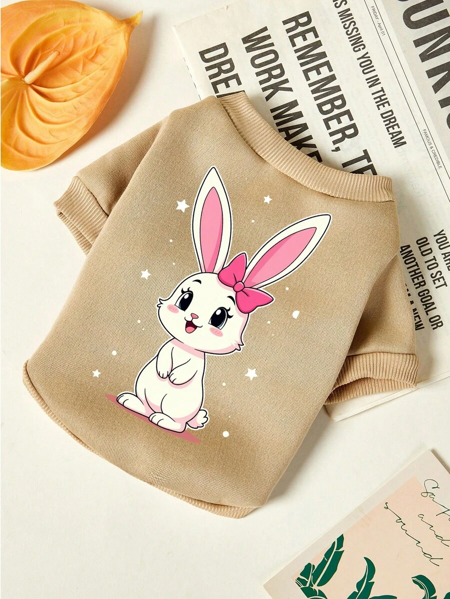 PETSIN 1件可爱兔子印花宠物秋冬卡其色加厚保暖宠物服 - 卡其色 - 查看 1