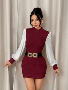 SHEIN PETITE Đầm tay phồng cổ đứng có gân - Màu Đỏ Sâu - Xem 5