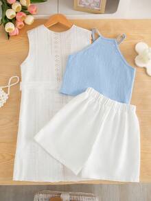 3件套少女夏季休闲套装：蓝色吊带背心、白色直筒短裤、无袖镂空针织长外套（含腰带），简约时尚 - 彩色 - 查看 2