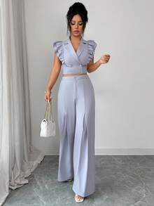 Elenzga 2pcs Women Gray Double Layer Cap Sleeve Top And Pants Set, Suitable For Spring, Summer, Autumn, Winter, Party, New Year, Thanksgiving, Christmas, Valentine's Day, Halloween, Casual Wear - Grey - View 6