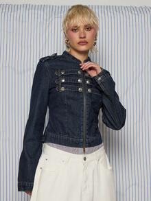 COUREZ Fitted Denim Drummer Jacket / Y2K Fitted Denim Jacket Fall Winter Lightweight Denim Button Zip Front NYE Occasion